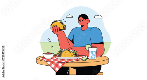Whimsical taco picnic illustration featuring a cheerful individual enjoying a tasty meal outdoors with a refreshing drink