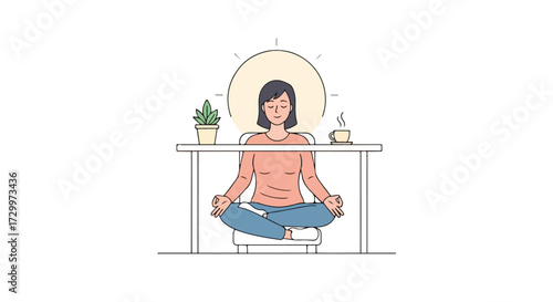 Mindful meditation pause for workplace wellness: Cartoon depiction of a woman finding zen at her desk fostering balance and focus for enhanced