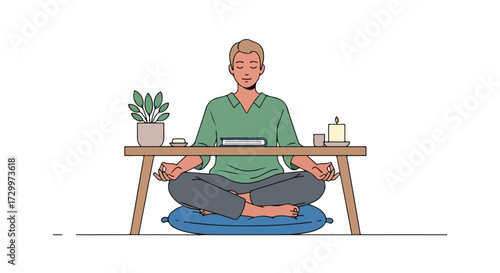 Mindful Meditation: A Young Man Seeking Inner Peace in a Serene and Minimalist Home Office Setting