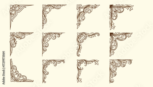 Vector art of collection of vintage ornate corner elements, decorative borders, and flourishes in a classic style, isolated on a light background 