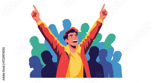 Triumphant figurehead leading an energized crowd, embodying victory and collective excitement in celebration, vibrant colors and dynamic poses