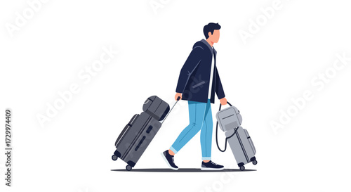 Traveler's journey: A man pulling suitcases illustrates modern nomadism and global movement concept