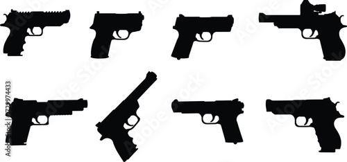 Handgun silhouettes, firearm collection, pistol types, weapon design, black figures, tactical gear, military use, law enforcement, minimal layout