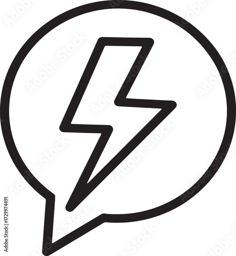 Minimalist lightning bolt in speech bubble icon, simple outline symbol for fast chat and energy