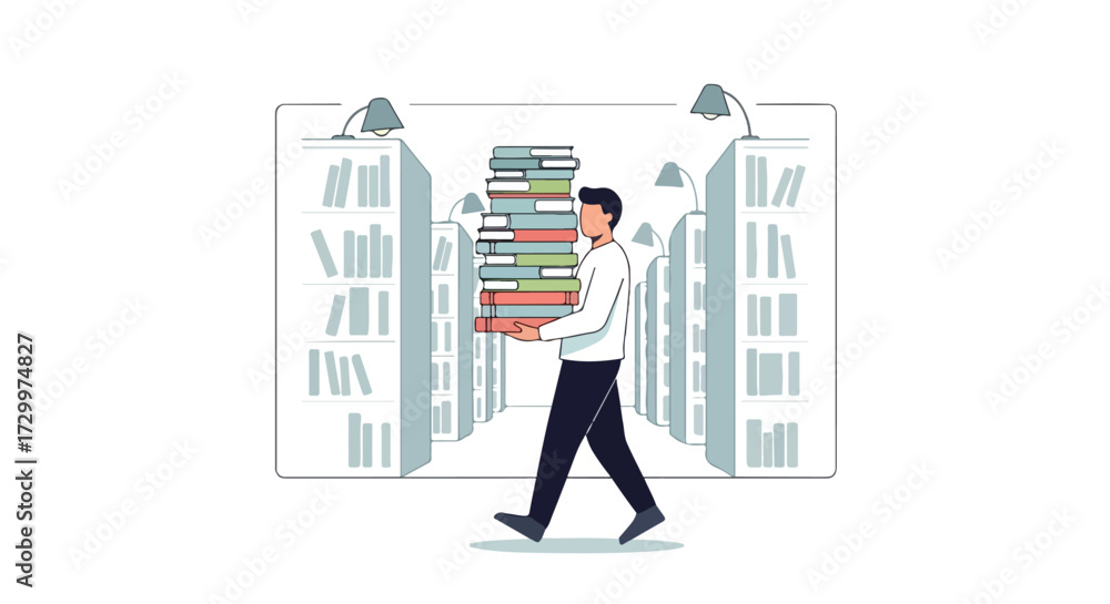 Fototapeta premium Man carrying a stack of books in a library, signifying knowledge, education and scholarly pursuits within an academic environment