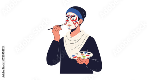 Young artist applying intricate tribal face paint with brush holding a colorful palette creating beautiful work masterpiece