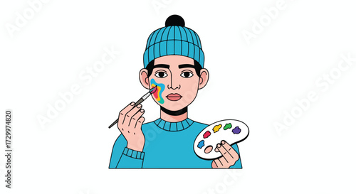 Young artist creating colorful face art, expressing individuality and embracing artistic experimentation with a playful spirit and a burst of