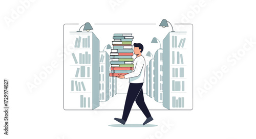 Man carrying a stack of books in a library, signifying knowledge, education and scholarly pursuits within an academic environment