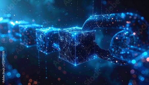 Digital blockchain network, representing secure data transfer and distributed ledger technology for a connected world