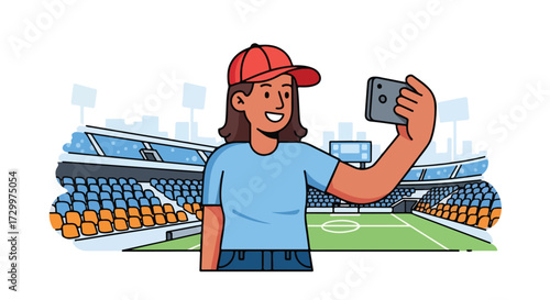 Animated woman capturing memory with cellphone in vibrant sports stadium environment for social media sharing