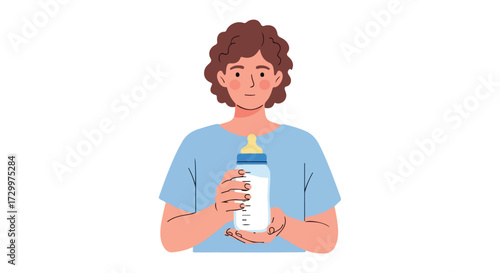 Person holding a baby bottle filled with milk, symbolising childcare, nourishment, and parental devotion in a simple, minimalist illustration style
