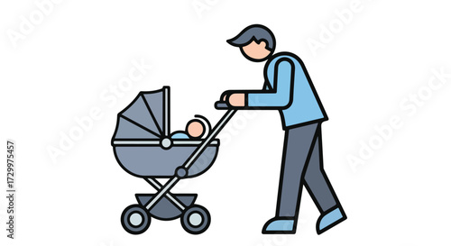 Stylized depiction of a father pushing a baby in a stroller, showcasing modern parenthood illustration