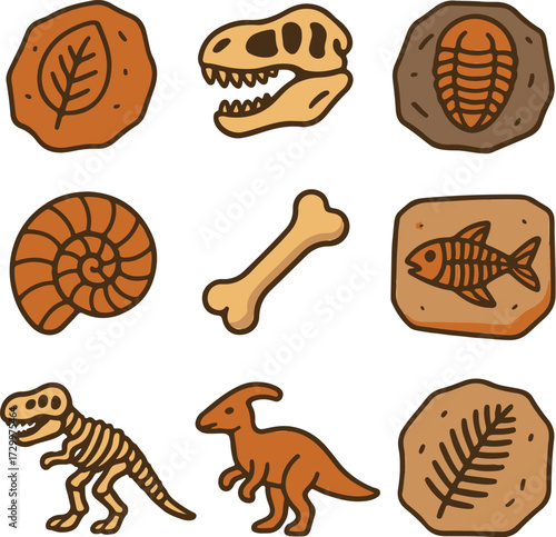 Art & IllustrationFossil Day USA Color Icon Pack – Dinosaur, Ammonite, Trilobite, Leaf, and Bone Fossils.