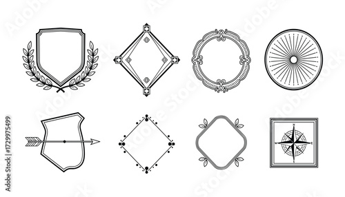 Vector art of collection of eight decorative frames and emblems, including a shield with laurel wreath, compass, and ornate borders 