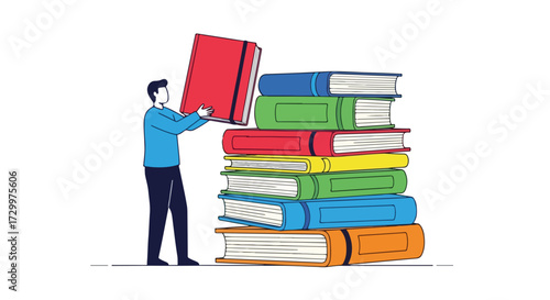 Man stacking colorful books: an illustration conveying education, learning, knowledge and the joy of reading and collecting books carefully on a