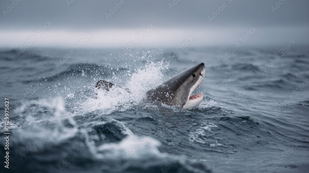 Naklejka premium Dangerous great white shark breaching wild ocean water. An aggressive and powerful wildlife predator hunting its prey