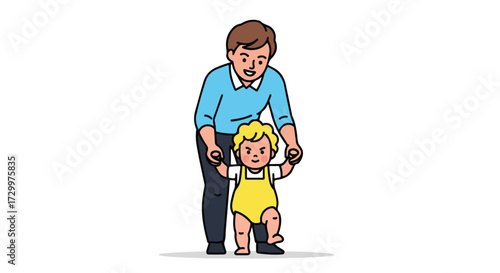 Illustration depicting a father supporting his toddler's first steps with love and encouragement promoting family bonding moments and early