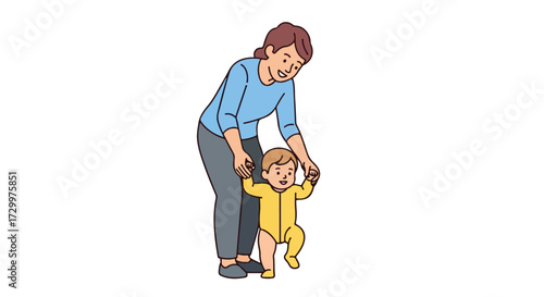 Motherhood moment: Caring mom supporting her child learning to walk,vector illustration, child development, family bonding, milestone achieved