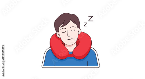 Cartoon illustration of a relaxed person sleeping comfortably with a travel pillow during transportation showing peace and tranquility
