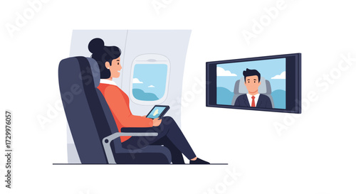 Modern remote communication during air travel represented by a woman attending a video call in an airplane seat using a digital tablet device
