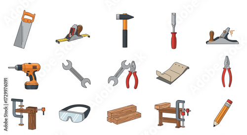 A diverse collection of carpentry and construction tools.