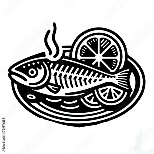 a Grilled salmon fish with lemon on a plate outline vector icon, drawing monochrome illustration.black and white vector icon