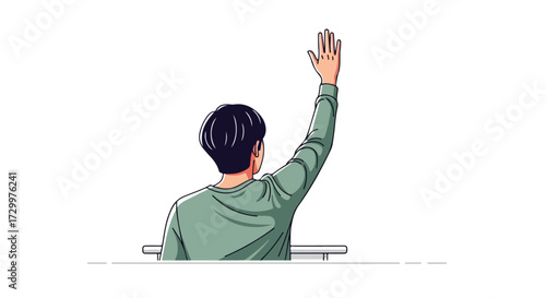 Illustration of a student with raised hand, ready to answer a question in a classroom setting showcasing learning and engagement