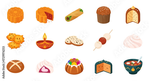 A diverse collection of traditional holiday and cultural foods from around the world.