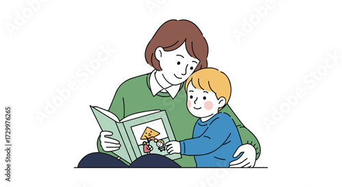 Delightful illustration showcasing a mother and child bonding over a storybook adventure, filled with warmth and affection, perfect for children's