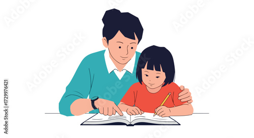 Supportive father assisting daughter with her homework fostering learning and family time in a minimalist setting emphasizing simplicity and care