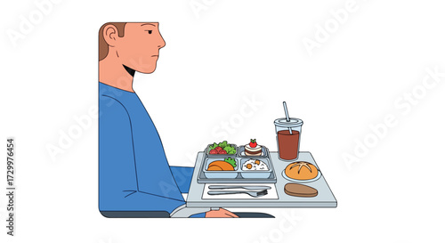 Solitary Flyer Enjoying an Airline Meal, Cartoon Illustration of In-Flight Dining Experience on a Commercial Jet, Leisurely Travel with Tray Table