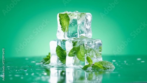 Mint leaves frozen in ice cubes on green background