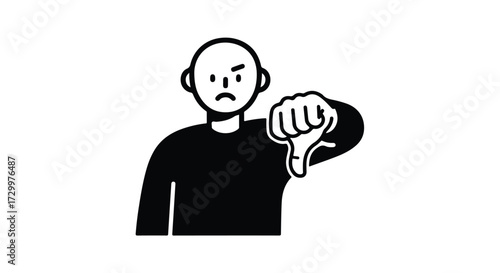 Monochrome illustration showcasing disapproval with a downturned thumb gesture and serious facial expression drawing attention and reflecting