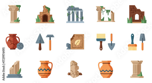 Archaeology and Ancient Civilization Flat Icon Set.