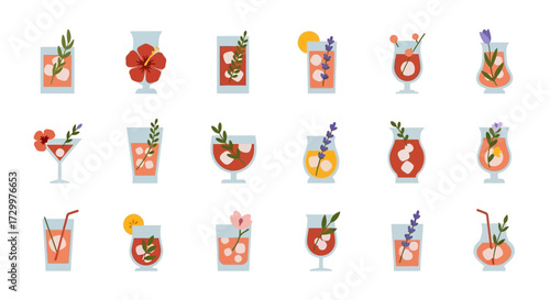 Assorted Cocktail Illustrations with Floral Garnishes and Refreshing Ingredients.