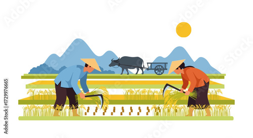 Asian farmers diligently harvesting rice in a vibrant paddy field.