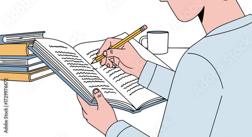 Illustration showcasing a person engrossed in studying and taking notes from an open book with a pencil and a cup on the table