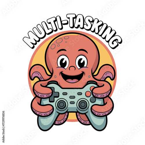Happy octopus gaming, multitasking controller champion, playful cartoon mascot, rounded outlines, vibrant accent strokes, energetic esports inspired vector