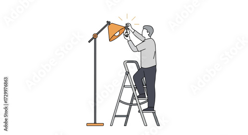 Illustration of a man replacing a light bulb in a floor lamp using a ladder emphasizing home maintenance and repair activities