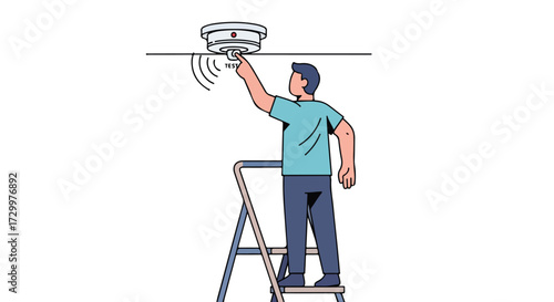 Person testing smoke detector on ceiling by pressing the test button standing on a stepladder for home safety inspection and maintenance check