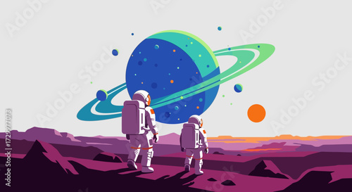 Astronauts exploring alien planet with ringed planet and orange sun.