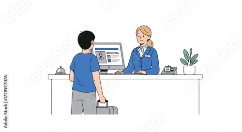 Hotel check-in scenario: Guest with luggage approaches reception desk to finalize booking, a seamless travel start