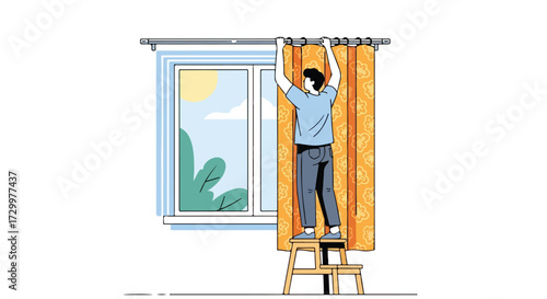 Man Installing Curtains in Room with Window View, Bright Day in Home Decor Illustration