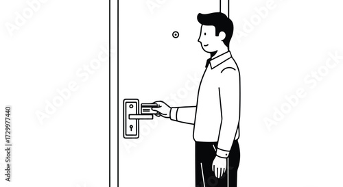 Illustrative portrayal of a man accessing a door with a digital key card, signifying modern security and entry management systems