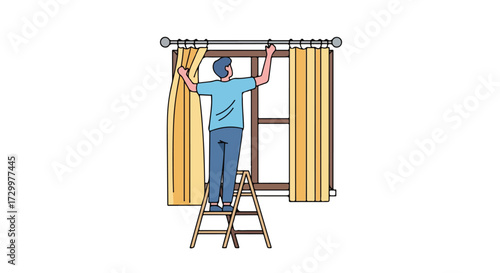 Illustration depicting a man standing on a ladder installing or adjusting the curtains on a window in a room for a home improvement project