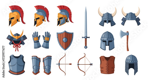 Collection of Ancient and Medieval Warrior Armor and Weapons.