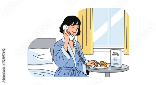 Woman ordering room service in a hotel bedroom, croissant and fruits are served, illustration style, peaceful morning scene with a vintage phone