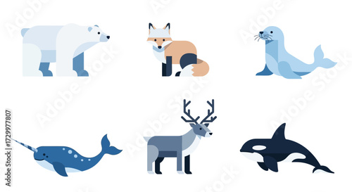 Collection of Arctic animals in a flat design style.