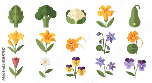 Collection of Artistic Vegetables and Flowers in a Grid Layout.