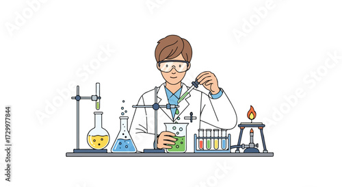 Illustration of a young scientist in lab coat conducting an experiment using a dropper and scientific glassware in a laboratory setting